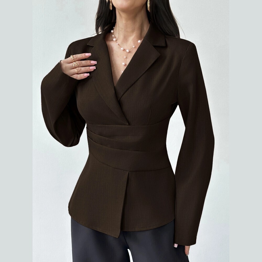 Dark Brown Notch Lapel Wrap Front Blazer
